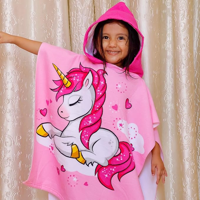 Famyo® Pink Unicorn Poncho Towel for Kids, Hooded Micro-Fiber Bath Towel