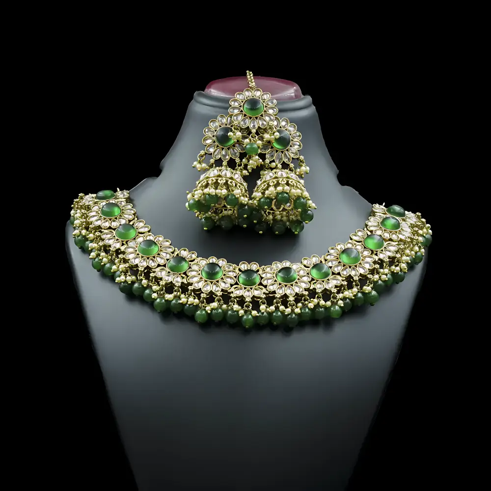 Bottle Green Kundan And Beads Studded Choker Necklace Set Catalog